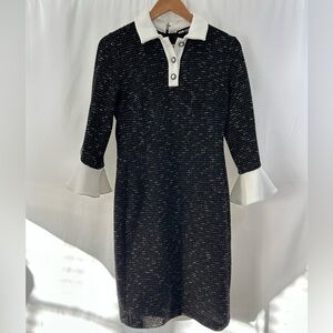 Karl Lagerfeld Black Ivory Knit Feel Dress Size 4 Pearl Button Detail Zip Back
